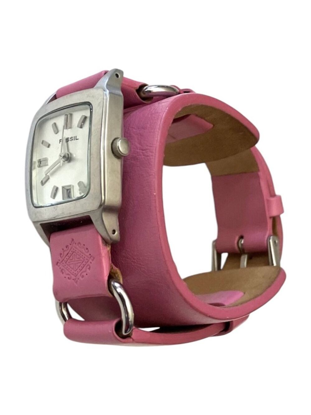 Women's Fossil Pink Leather Band Silver Case Watch - Picture 1 of 4